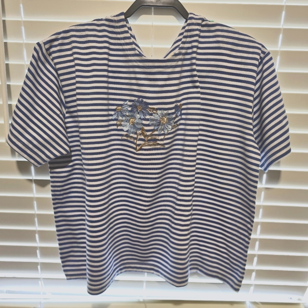 Specialty Collection Striped White/Blue T-shirt front blue flowers embroidery 2X